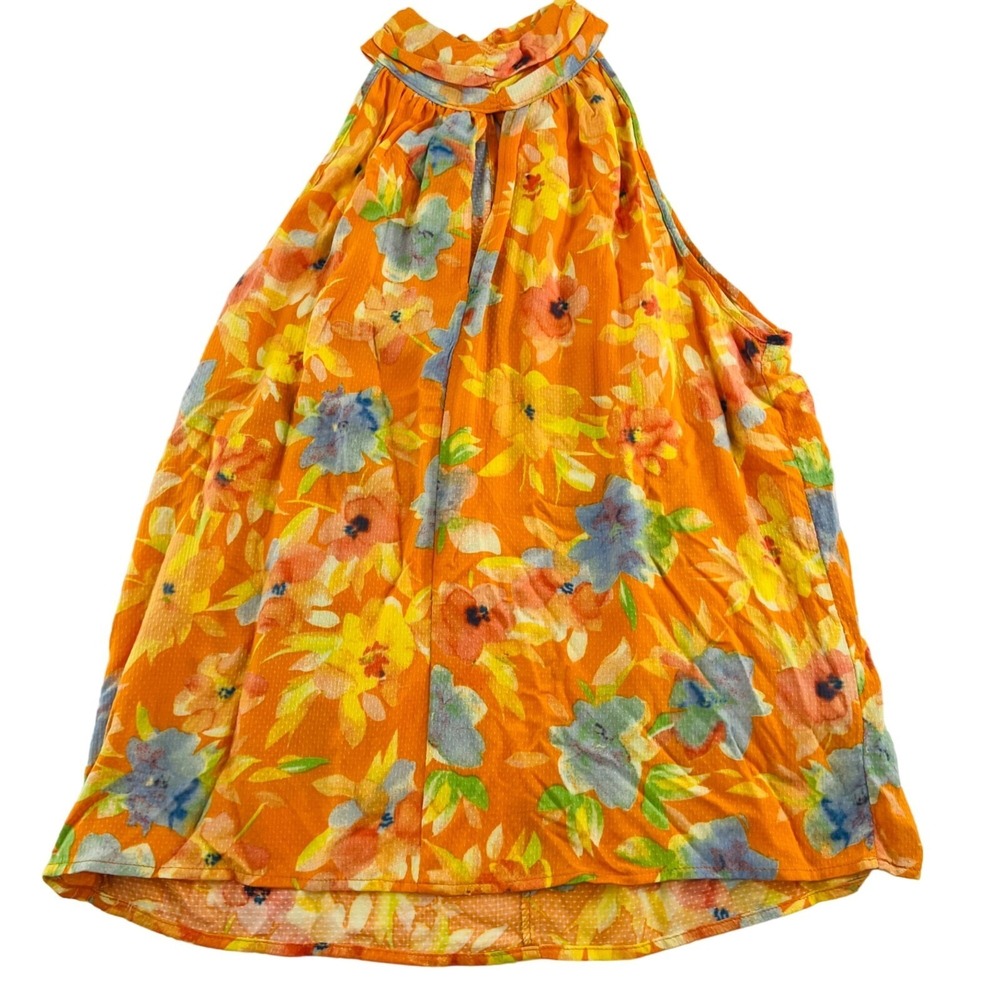 Cynthia Rowley Women's size Small Blouse Orange Colorful Floral Sleeveless Halte